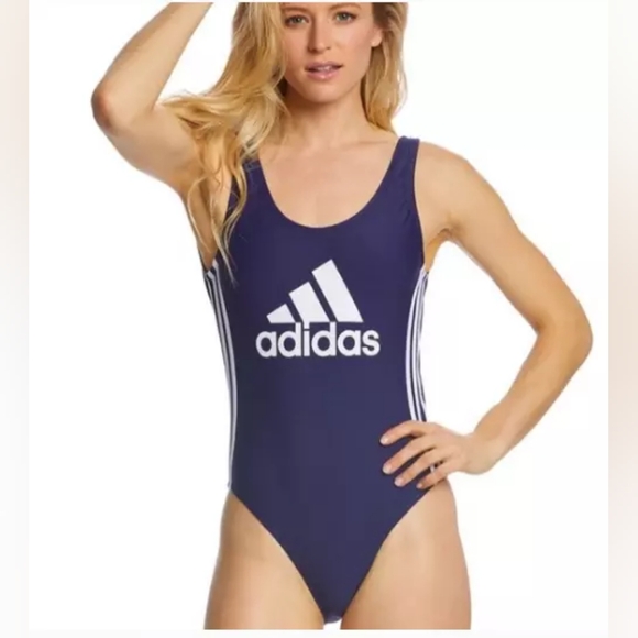 Adidas Logo Scoop Back Swimsuit - Picture 1 of 6